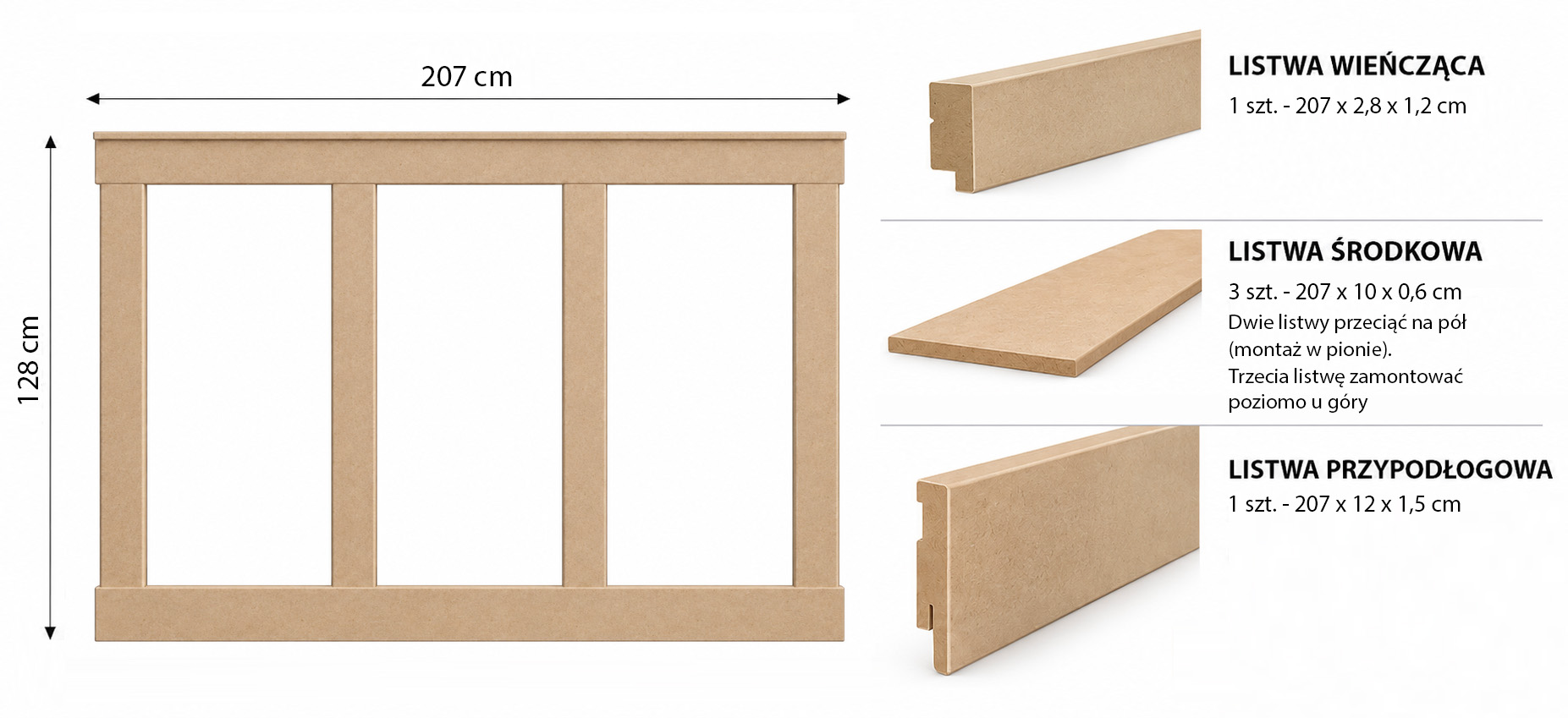 Boazeria ścienna AXIS MDF surowa do malowania - długość 200 cm, wysokość 118 cm surowe_zestaw_frame