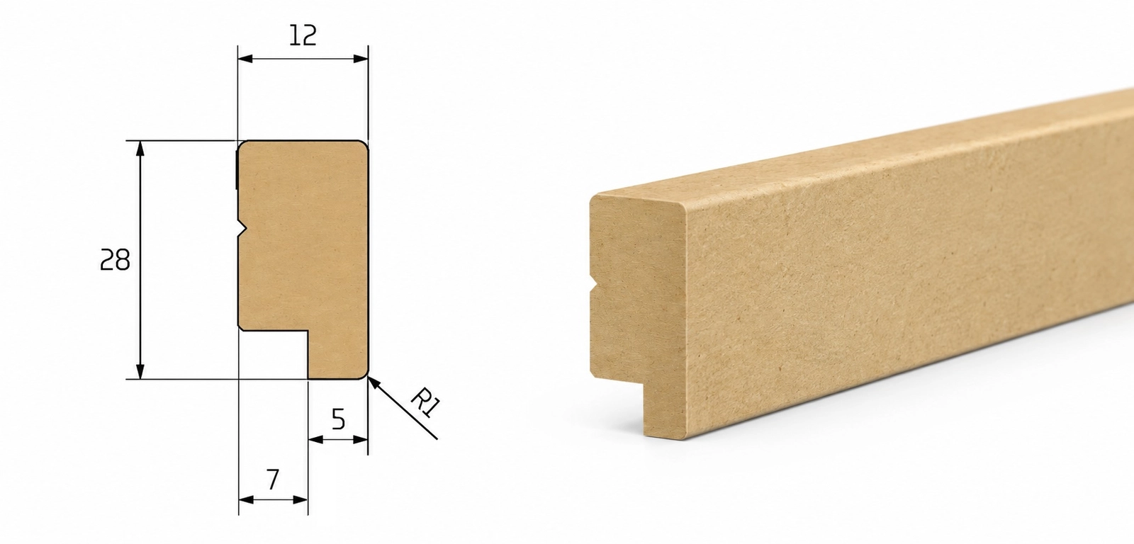 Próbka surowej listwy wieńczącej PLANO XL z MDF o długości 20 cm.