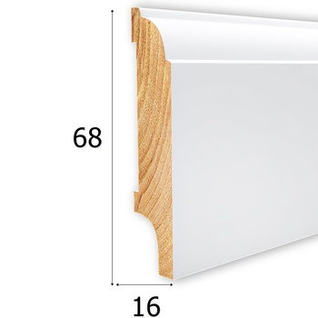 Drewniana listwa przypodłogowa lakierowana AGAT68 (240 cm x 6,8 cm x 1,6 cm) w kolorze białym RAL 9003
