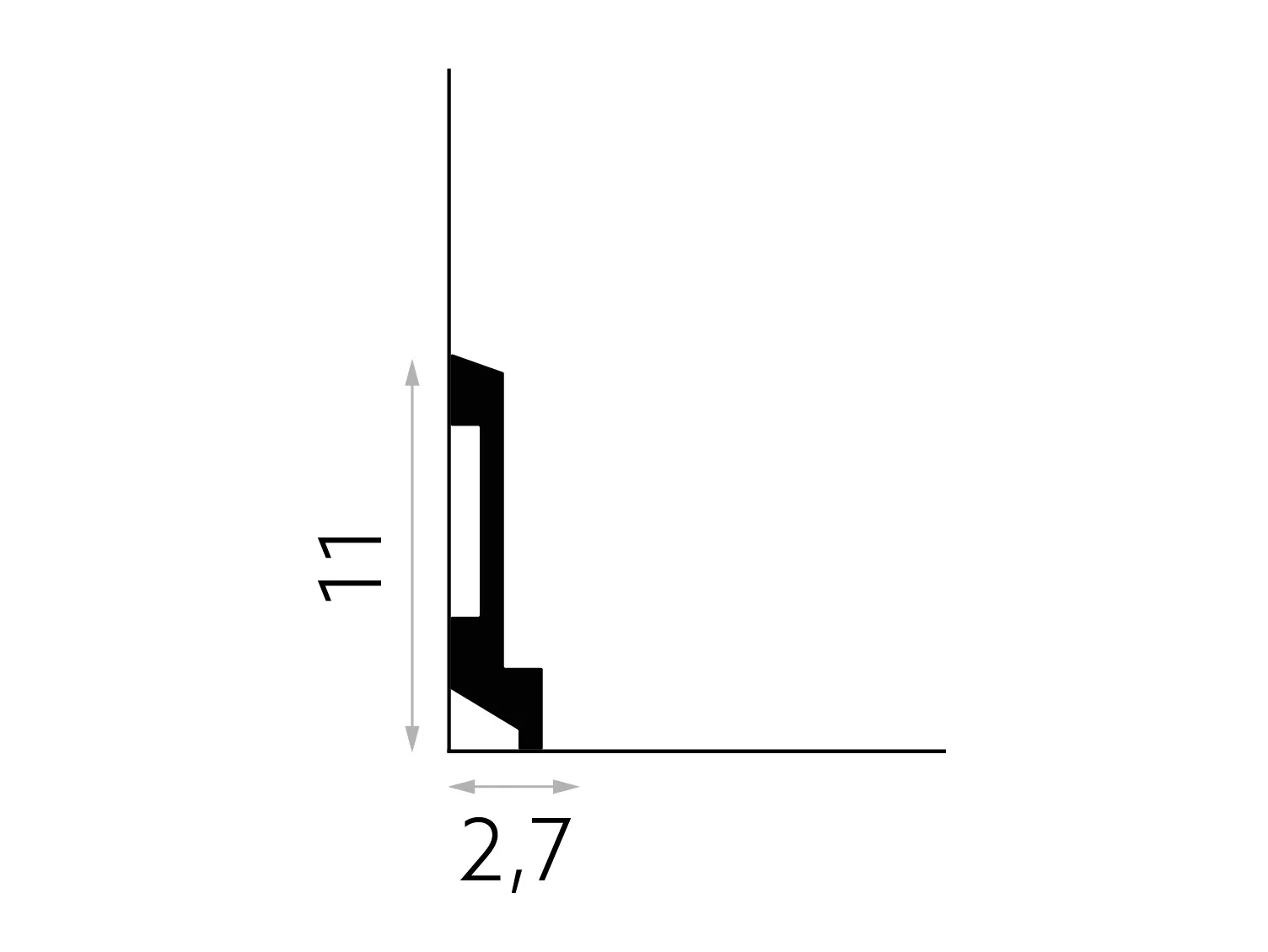 Listwa MD025 PolyForce – schemat techniczny profilu z wymiarami 11 cm wysokości i 2,7 cm szerokości.