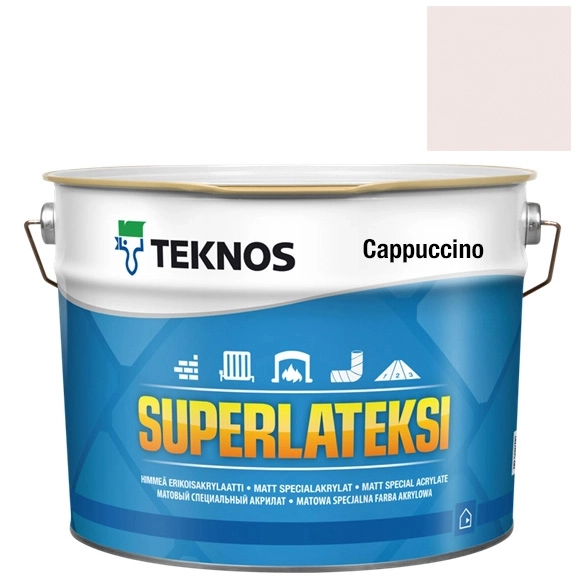 Farba Teknos Superlateksi NCS S2005Y50R – puszka z niebieską etykietą i próbką koloru Cappuccino.