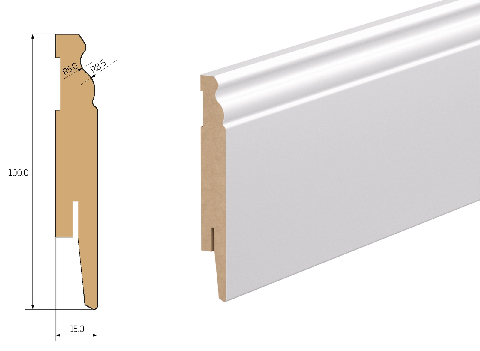 Biała listwa podłogowa Z RYSUNKIEM TECHNICZNYM 100X15 MM