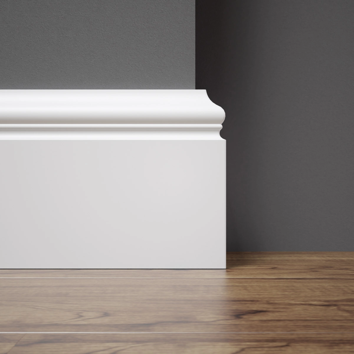 Listwa przypodłogowa FOGE LB3 MDF – przekrój białej listwy z zielonym rdzeniem MDF na szarym tle.