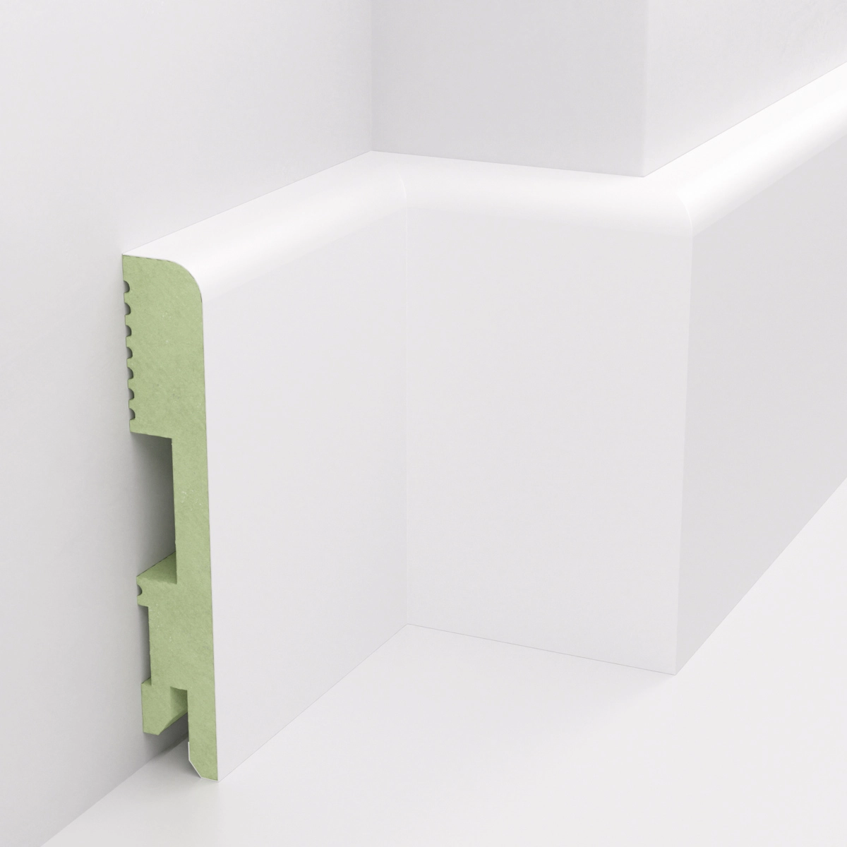 Listwa FOGE LB1 MDF – przekrój profilu listwy z widocznym zielonym rdzeniem wilgocioodpornego MDF.