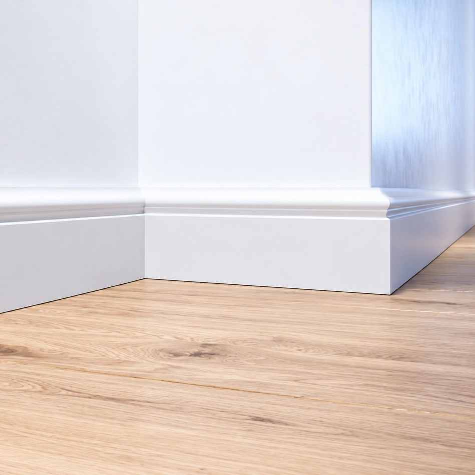 Widok na ścianie profil listwy przypodłogowej FOGE LB3 MDF, z wymiarami 100 mm i 16 mm.