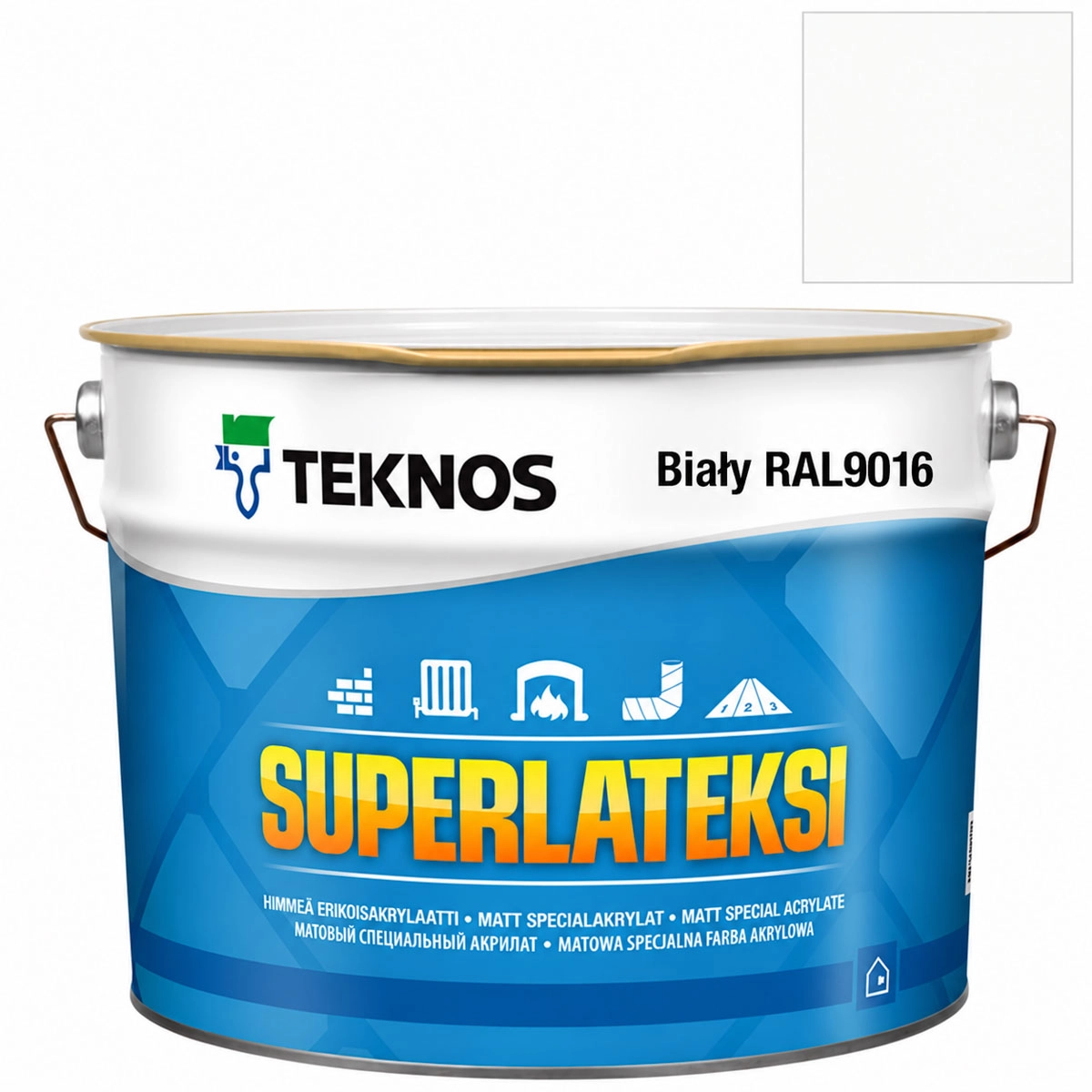 Teknos Superlateksi RAL9016 – biała matowa farba akrylowa w puszce na białym tle.