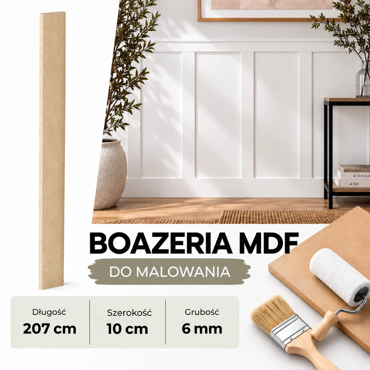 Surowe listwy boazeryjne ELEGANT z płyty MDF, pokazane pionowo i poziomo.
