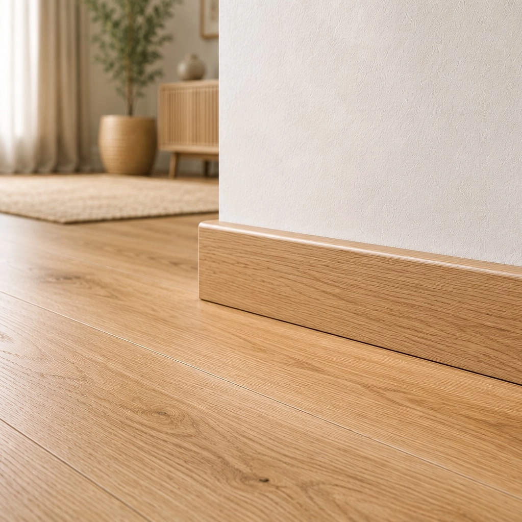 Listwa przypodłogowa 60x15 mm z surowym fornirem dębowym – profil boczny z miejscem na przewody.