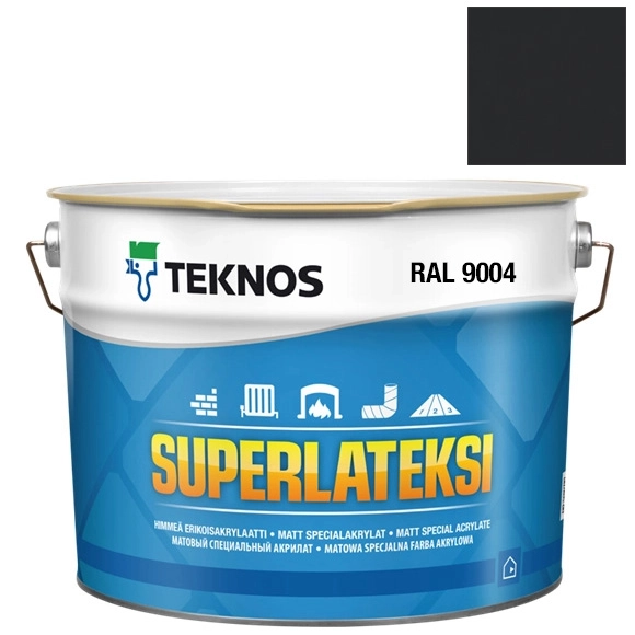 Farba Teknos Superlateksi RAL9004 – biała puszka z niebieską etykietą i czarnym wzornikiem koloru.