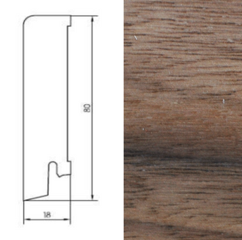 Listwa przypodłogowa drewniana, lakierowana, w kolorze orzecha amerykańskiego, o wymiarach 240cm x 8cm x 1.8cm