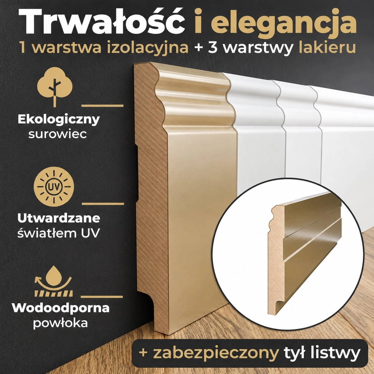Specyfikacja produktu – listwa przypodłogowa ESTILO MDF z warstwami izolacyjnymi i lakieru UV.